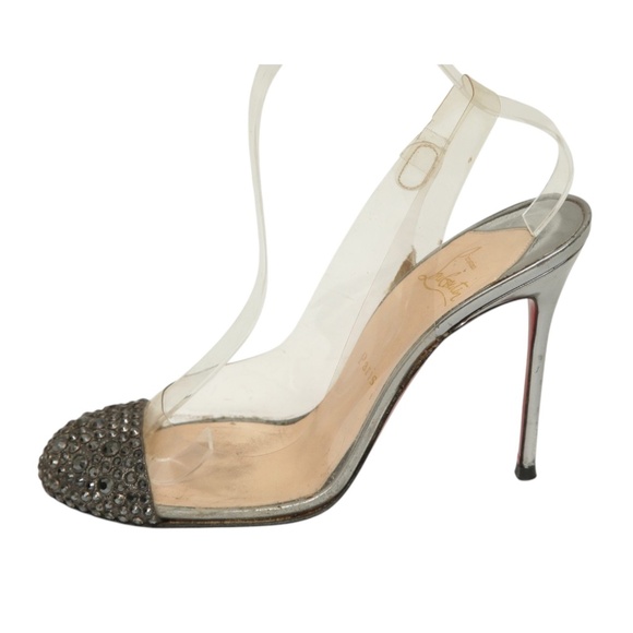 CHRISTIAN LOUBOUTIN Slingback Pumps PVC Crystals Pewter Leather Heels Cap Toe 38 - Picture 4 of 16